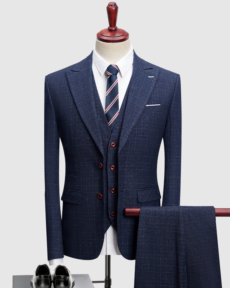Navy Blue Plaid Men's Business Suit Formal Wear Three Pieces (Jacket+p ...