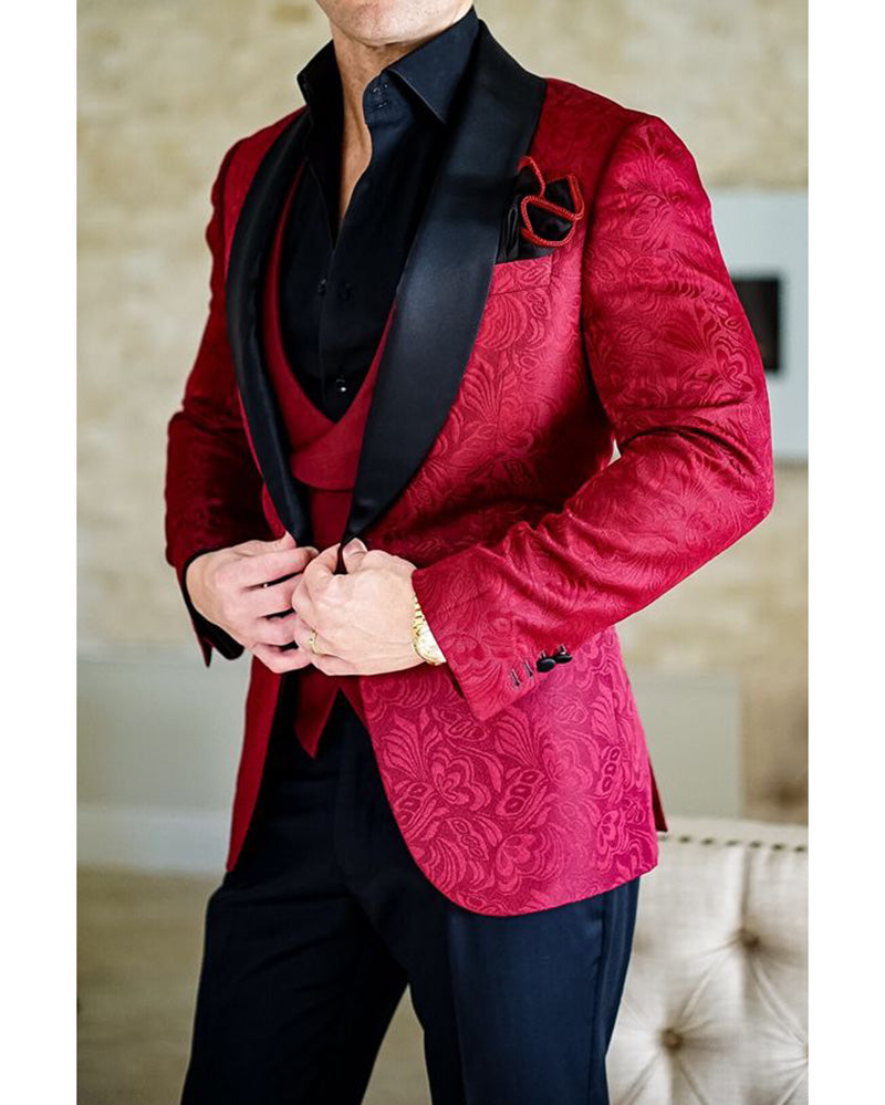 Red Shawl Lapel Jacquard Tuxedos Mens Suits Dinner Jacket 3 Pieces ...