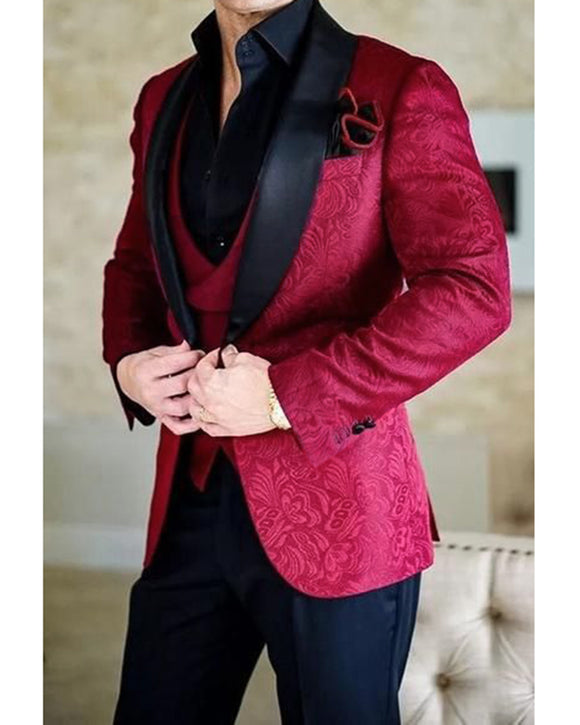 Jacquard Burgundy Prom Party Tuxedos Formal Dinner Blazer Suits 3 Piec ...