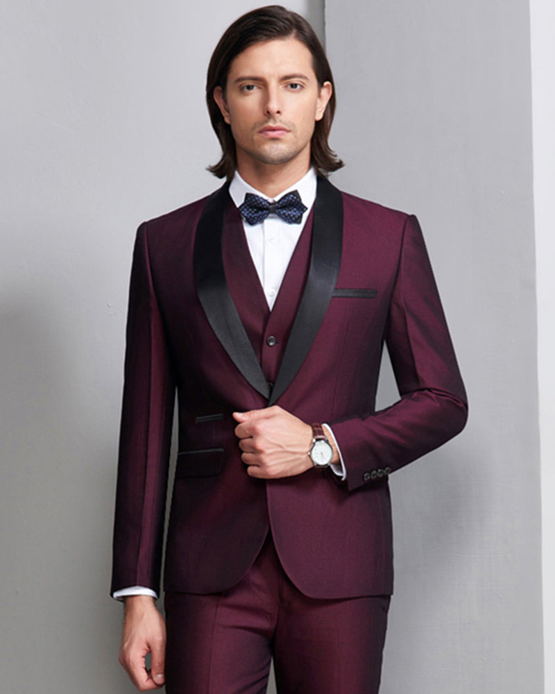 High Quality Wine Shawl lapel Prom Men Tuxedo Groom Mens Suits 3 piece ...