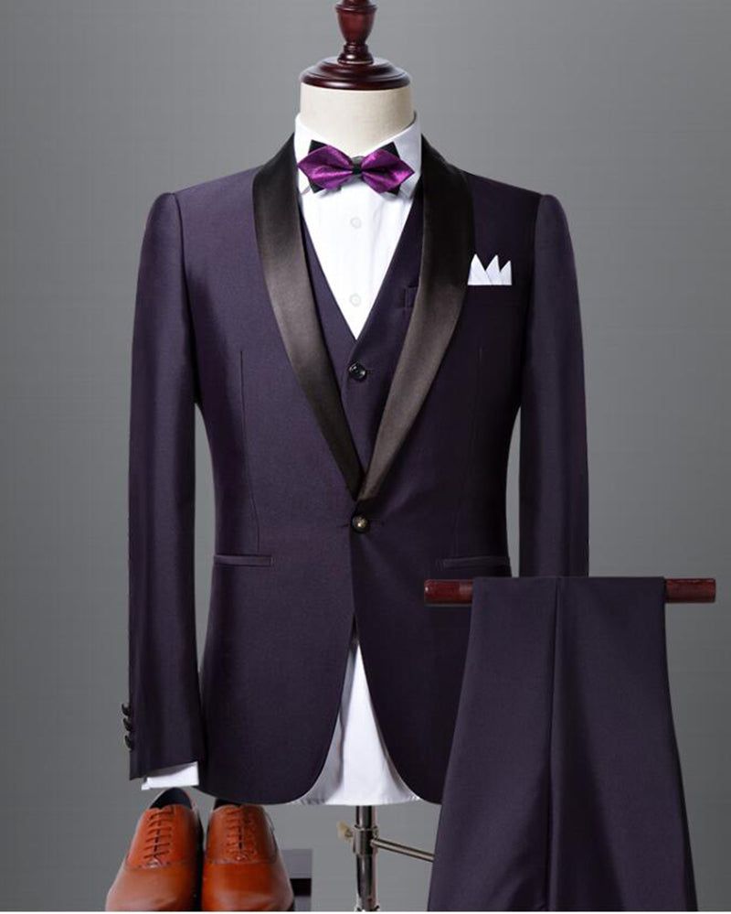 ClassyBy Dark Purple Shawl Lapel &Black Wedding Tuxedo for