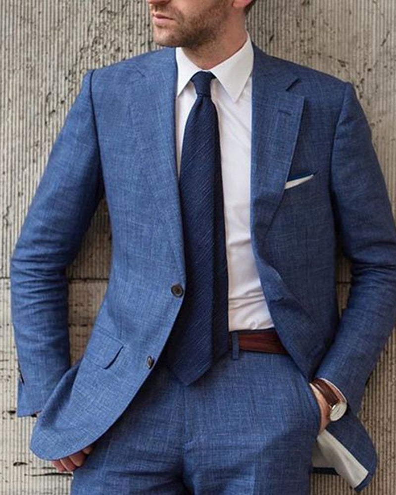 Navy Blue 2 Pieces Wedding Suits Lino Tweed Linen Suits for Men Busine ...