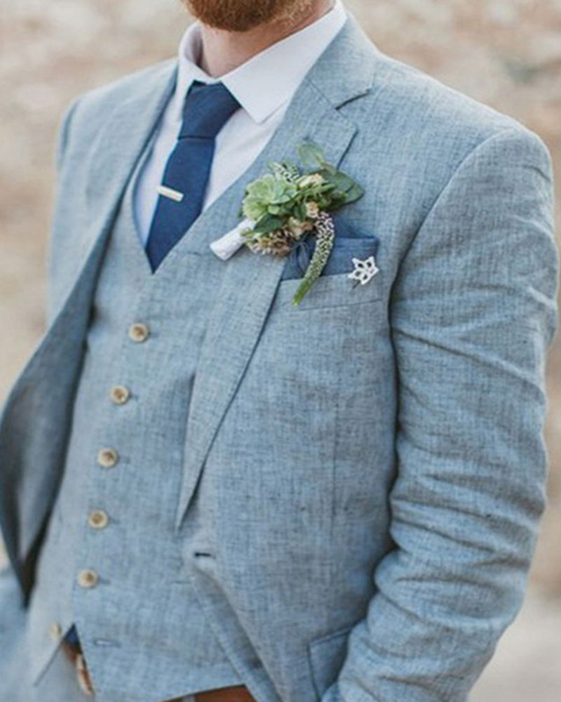 Summer Linen Wedding Suits Dusty Light BLue Men Suits for Gorrm 3 Piec ...