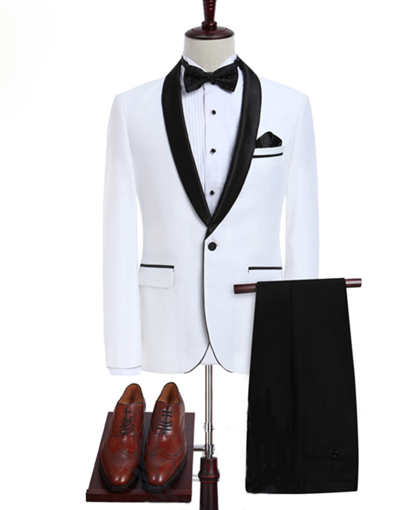 Slim Fit Tailor White Wedding Suit for Men Black Shawl Lapel Blazer Tu ...