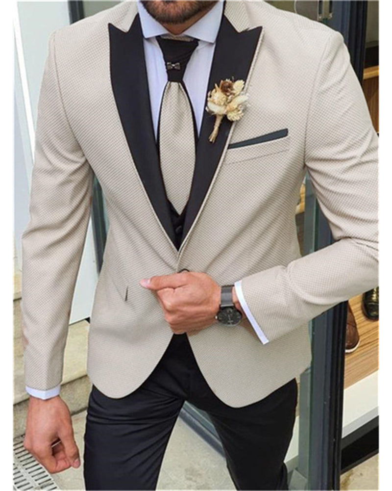 Slim Fit Beige Wedding Tuxedos with Black Satin Lapel ,Men Groom Suits