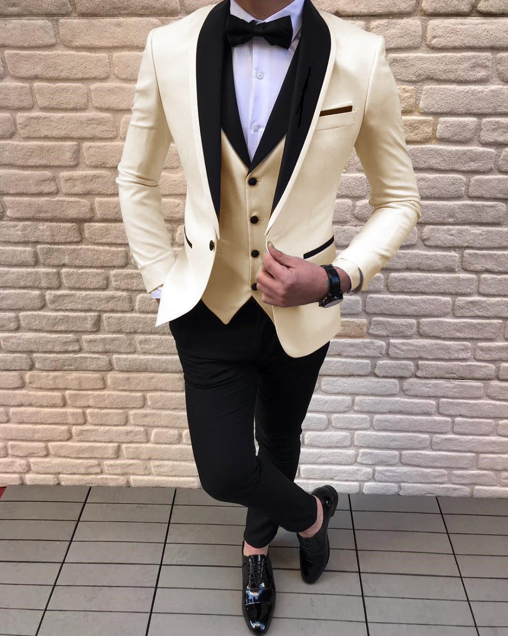 off white black and white suit