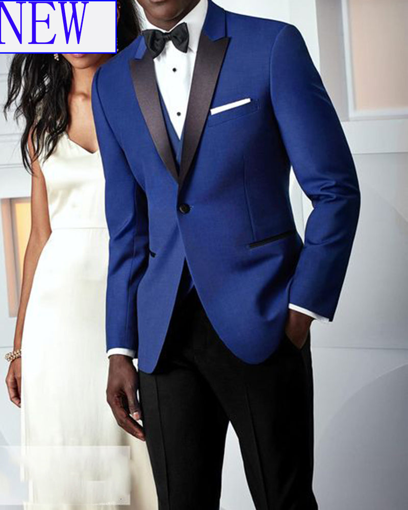 Peak Lapel Royal Blue and Black Groom Wedding Tuxedo Men Suit CB211