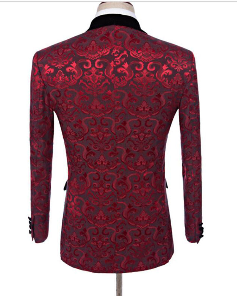 Burgundy Flower Slim Fit Pattern Suits Wedding Groomsmen,Prom Tuxedos ...