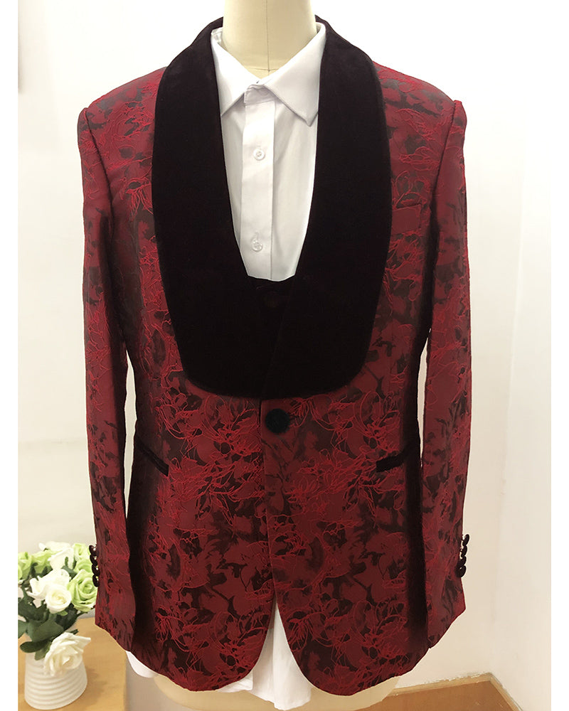 Classyby Jacquard Burgundy/Black Prom Suits ,Groomsmen