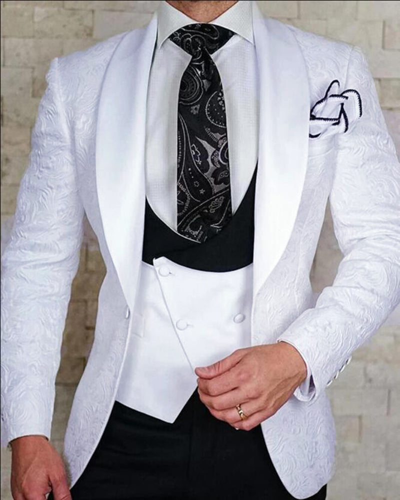 White/Champagen Groom Pattern Wedding Tuxedo Slim Fit 3 Pieces (Jacket ...