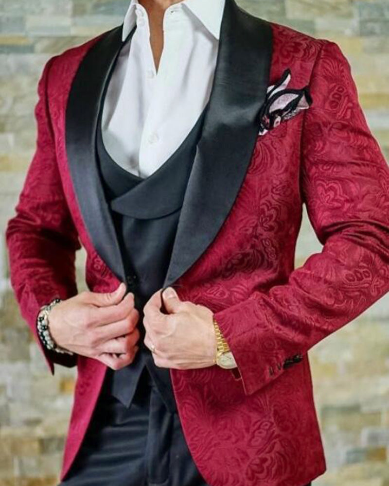 Burgundy Red Wedding Suits for Men Embossing Groom Tuxedos 3 Pieces (J ...