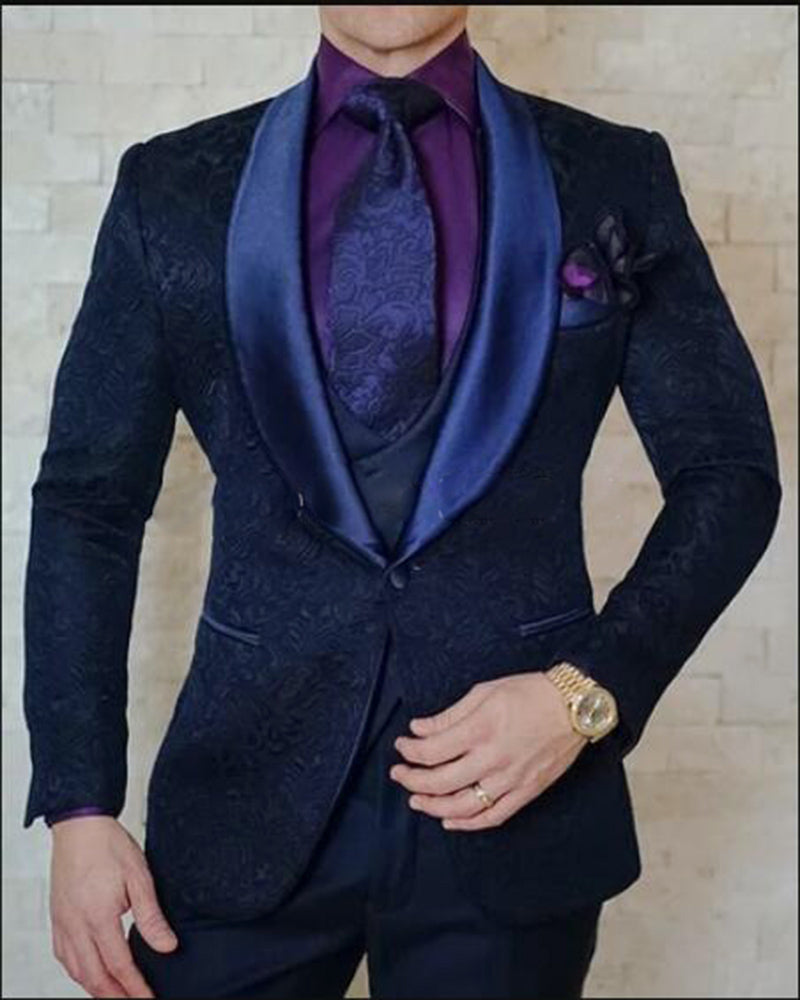 Navy Blue Shawl Lapel Paisley Pattern Groom Tuxedos for Men Wedding Su ...
