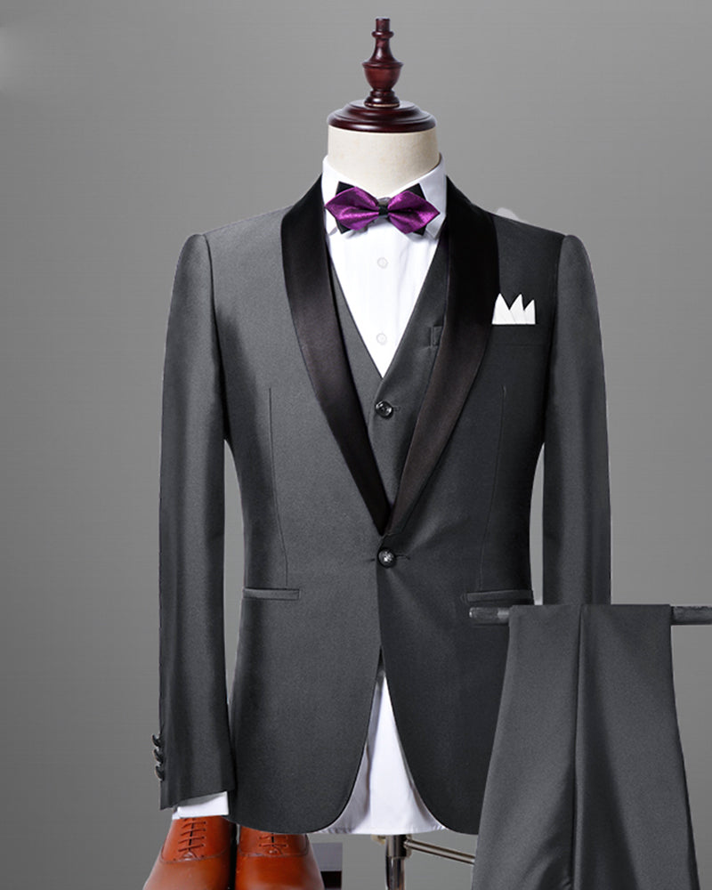 Black Shawl Lapel Dark Gray Tuxedos Formal Wedding Dress Suits Groom w