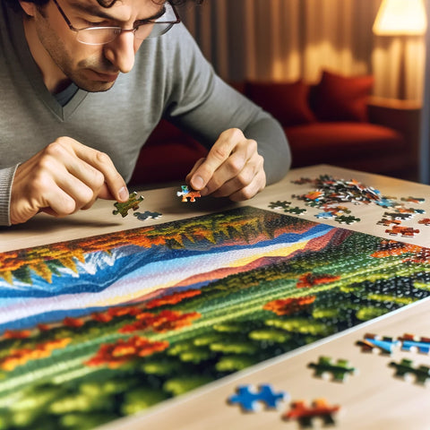 Young gentleman assembling jigsaw puzzle; crafting Your Personalized Custom Jigsaw Puzzles | MakeYourPuzzles
