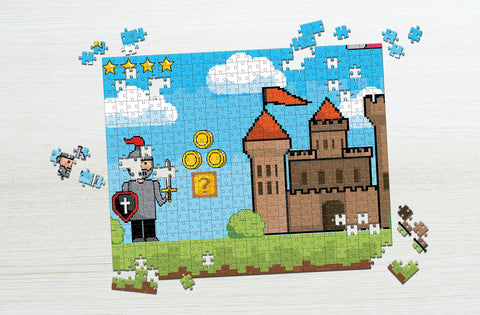 Video game knight on castle puzzle