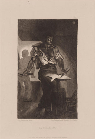 Eugene Delacroix - Un Forgeron - blacksmith at work - contrasted image with dramatic light coming of molten metal - aquatint