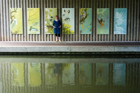 Portrait of Laura Boswell in front of her public art commission at the Gyosei Grand Union Canal