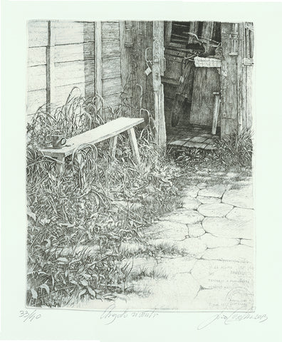Livio Ceschin - Angoli Vissuti - Happy Places - Lived Corners Nooks - etching drypoint - bench outside -coffee cup