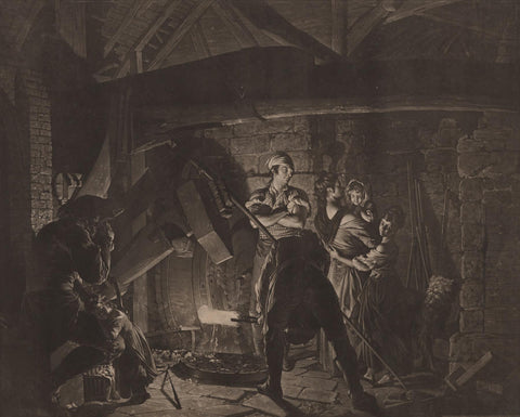 Richard Earlom - The Forge - mezzotint - chiarobscuro rendering contrasted of inside of a forge animated
