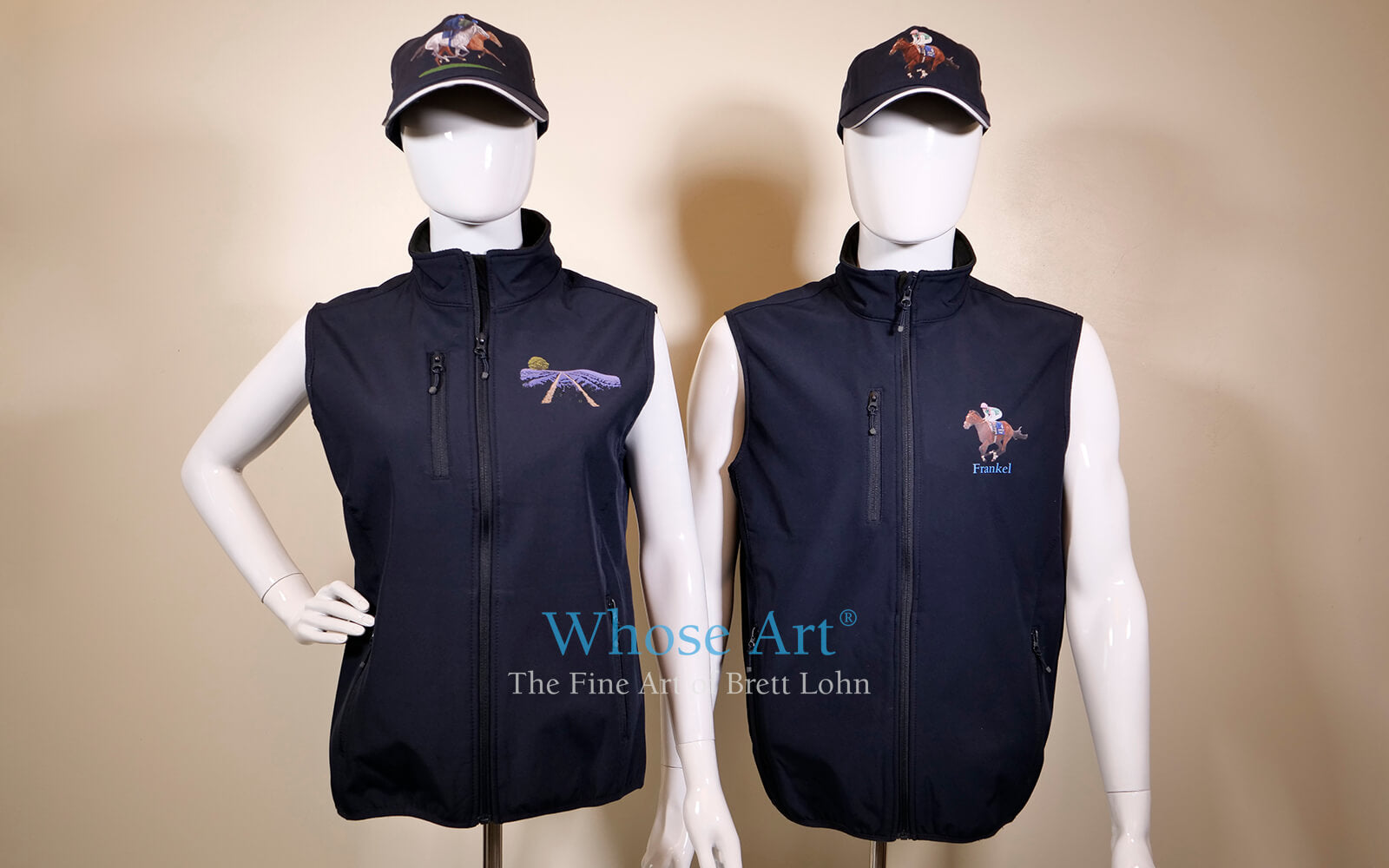 Gilet bodywarmers with Frankel horse printed on them as part of an equestrian clothing range