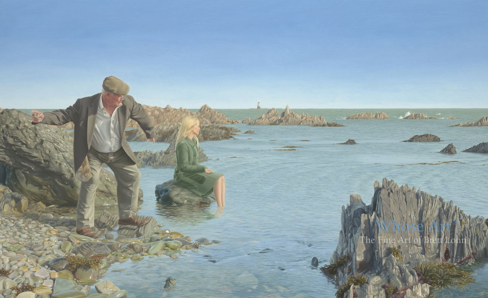 Art and health painting showing a man being cured of his health troubles as he skims a stone into the bay near a lady 