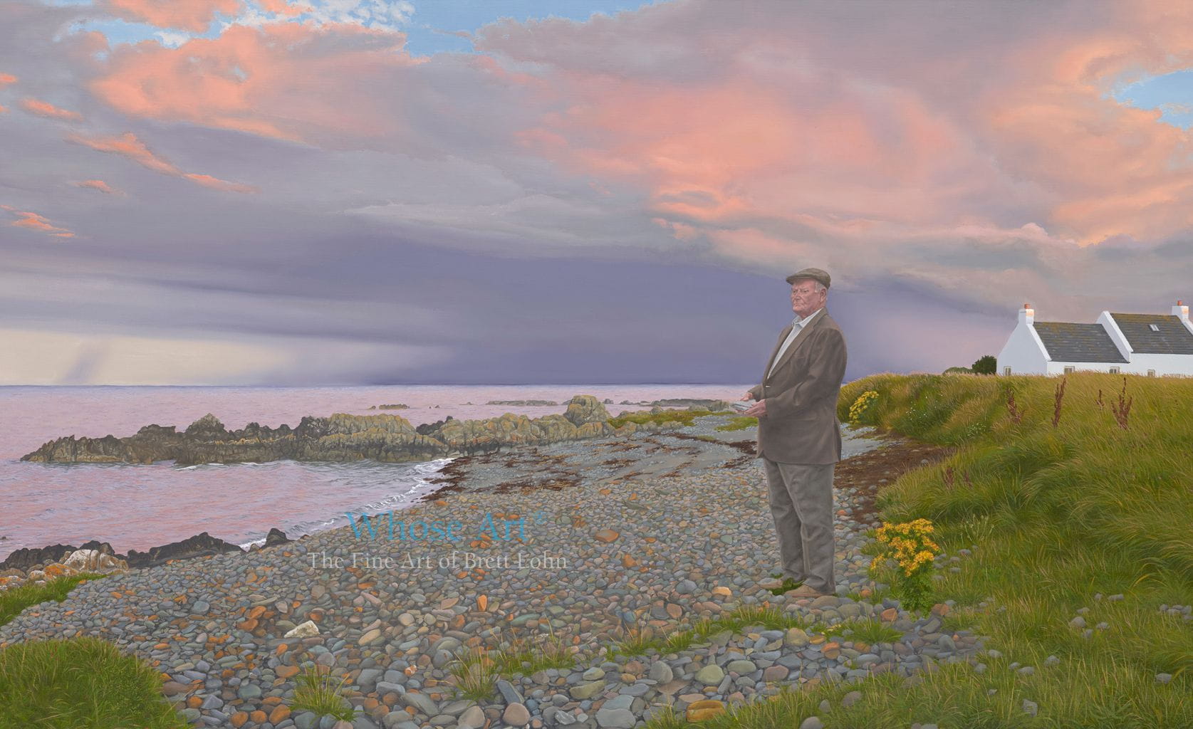 Art and wellbeing in a painting of a man standing on a beach with a stone in his hand. The sky is dark as the sun sets