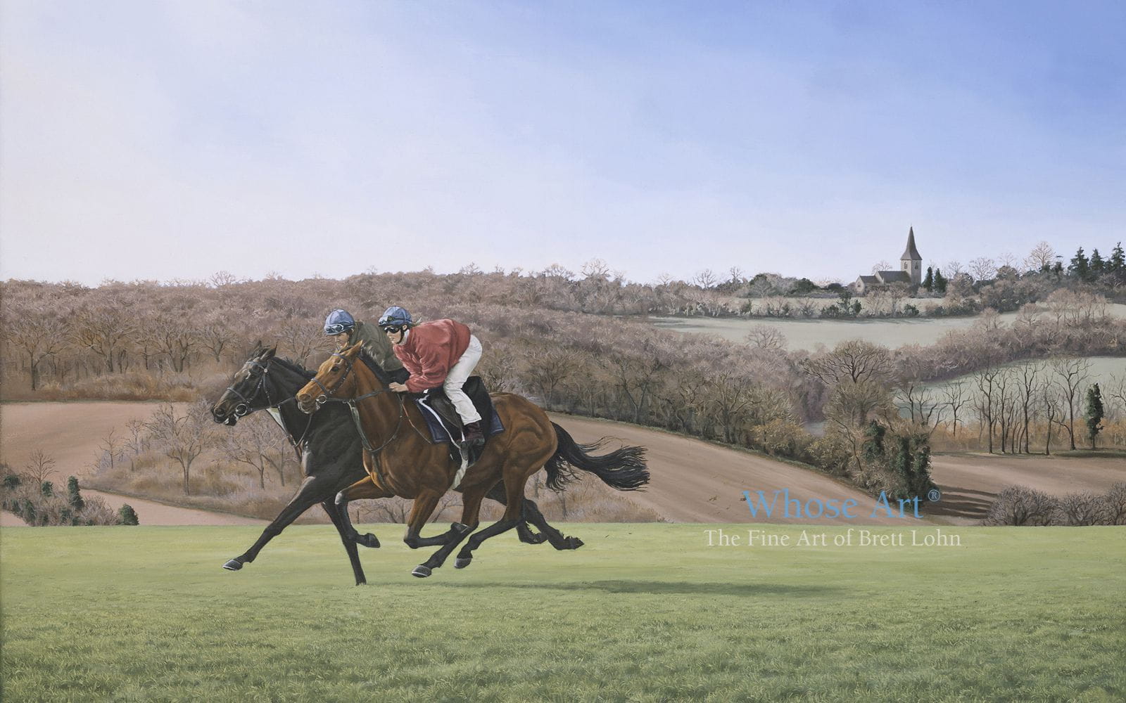 painting of horses training on the gallops at Epsom Downs