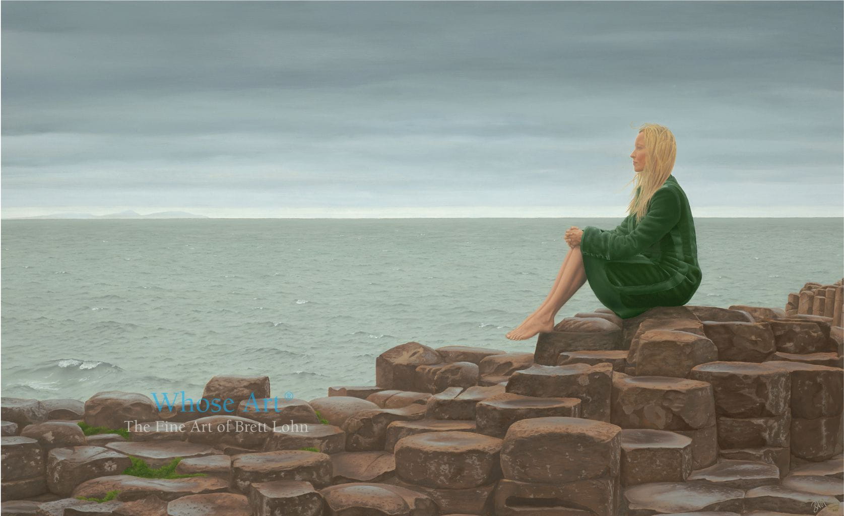 Giant's Causeway oil painting showing a young woman sitting on the rocks of the Giant's Causeway as a storm clears.