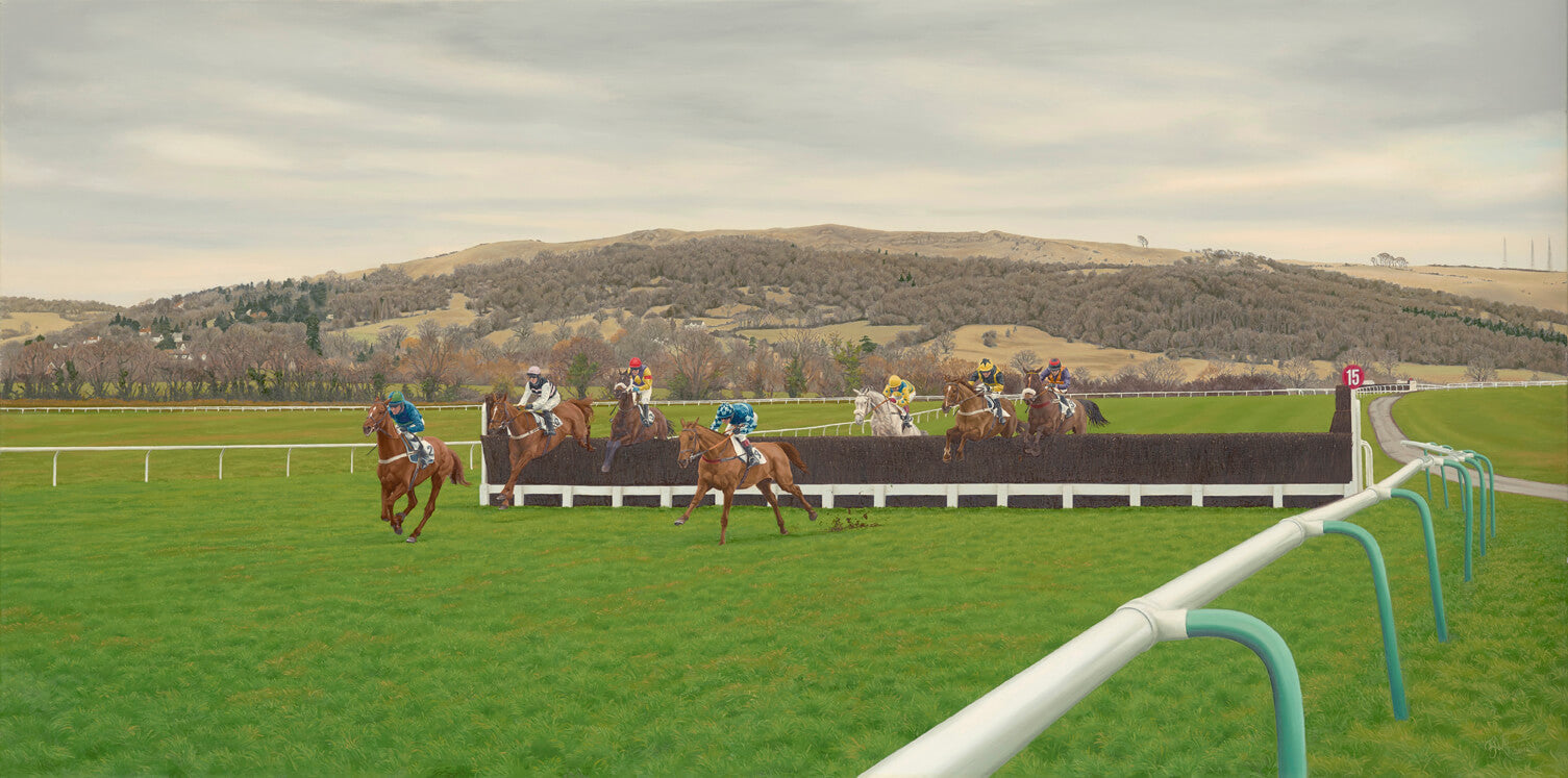 Horse racing painting of horses at Cheltenham Racecourse. The oil painting shows horses jumping a fence together racing.