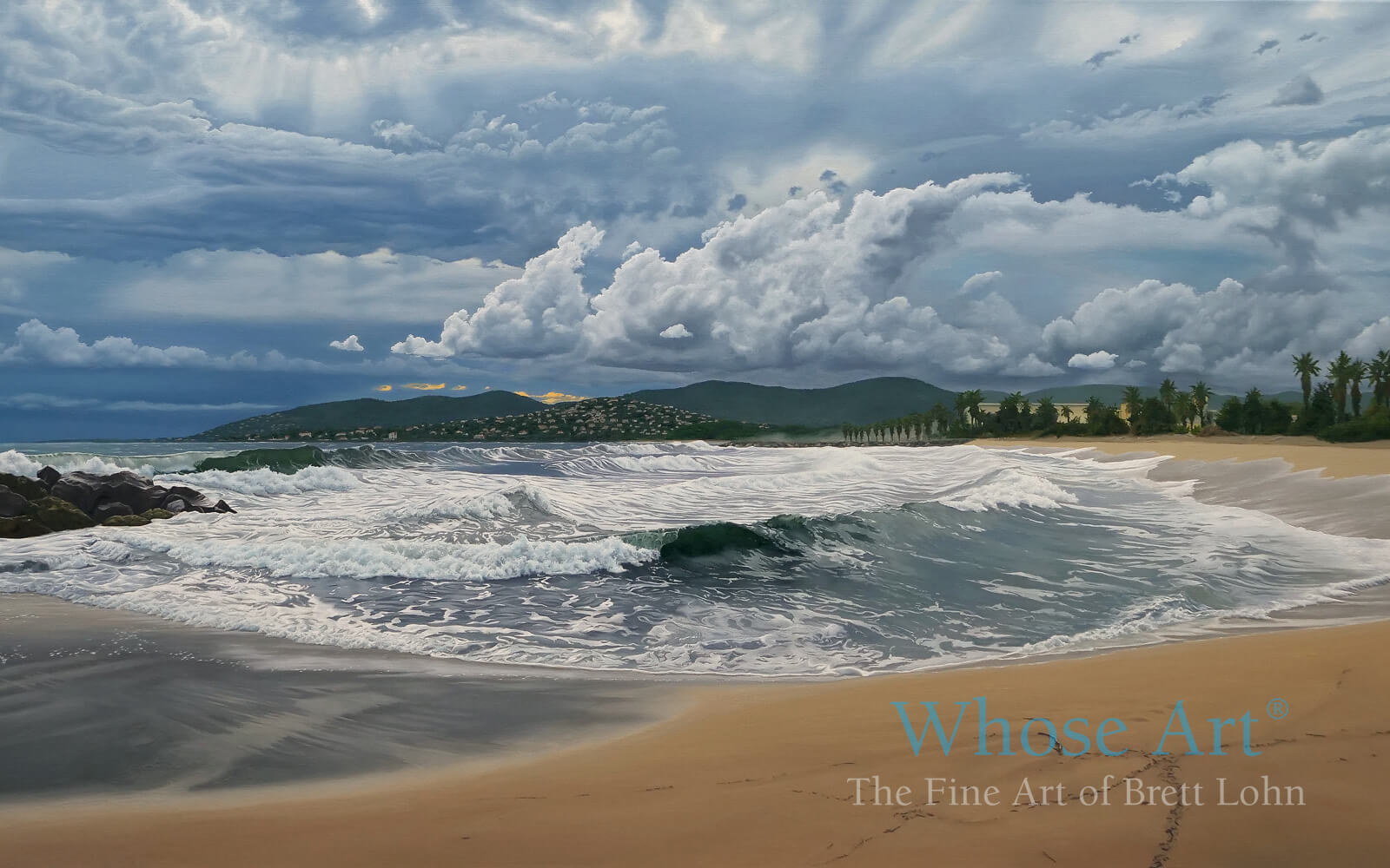 oil painting of a stormy beach seascape scene with dark thunder clouds over a rough sea.