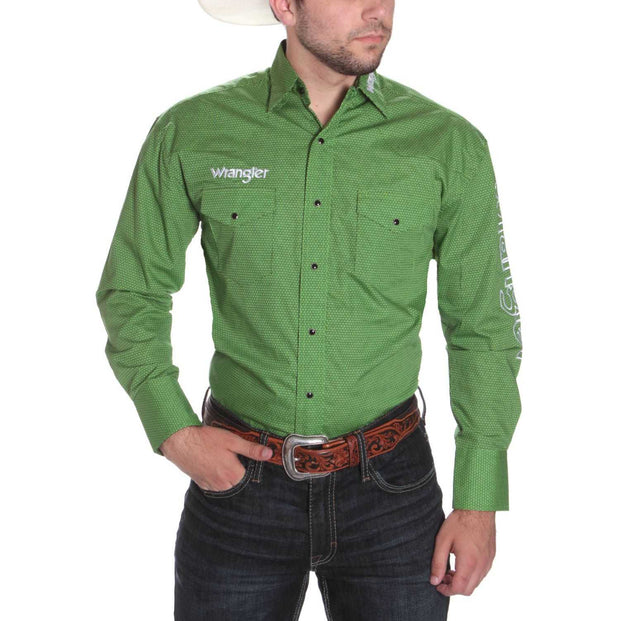 Wrangler PBR Mens Long Sleeve Green Logo Snap Shirt MP1335M – The Little  Ranch