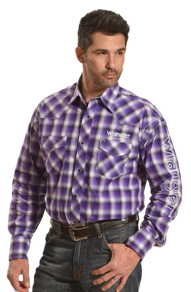 Wrangler Men's Purple Plaid Logo Long Sleeve Western Shirt - MP1304M – The  Little Ranch