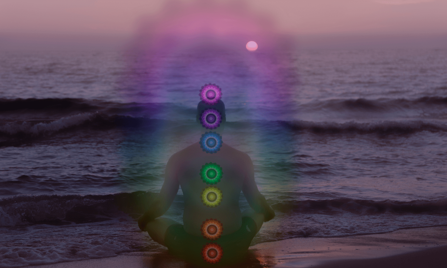 Persona meditando con chakras y aura visible.
