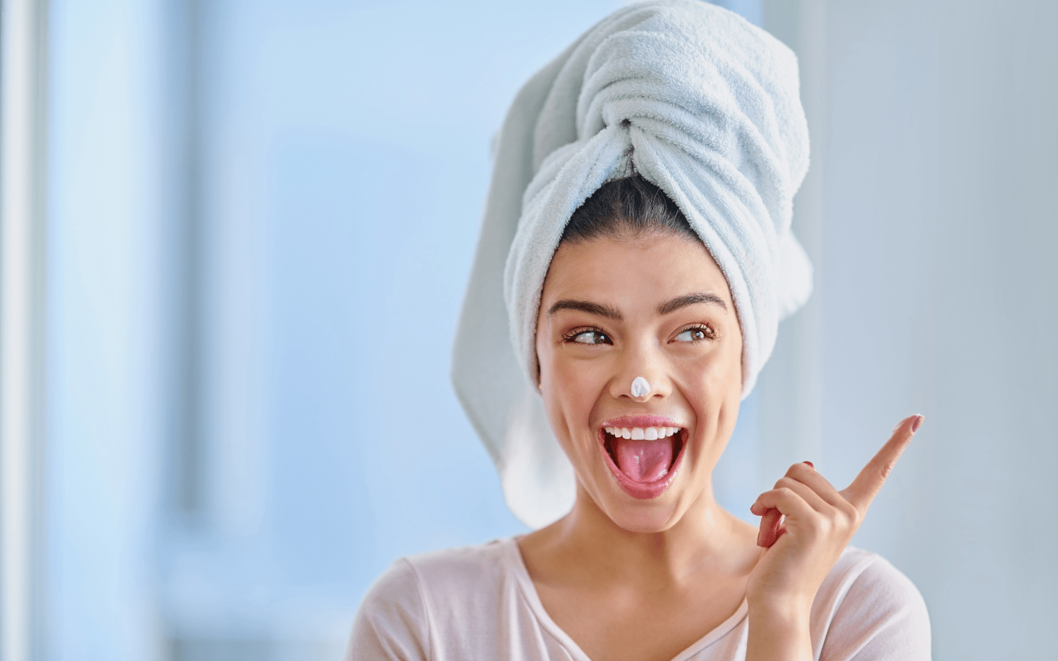 happy women with towel on her head 