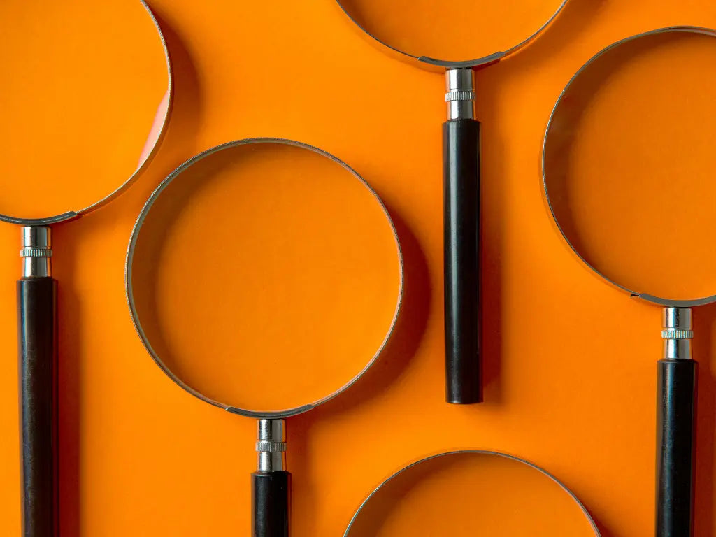 Lupas sobre fondo naranja brillante que indican investigación.