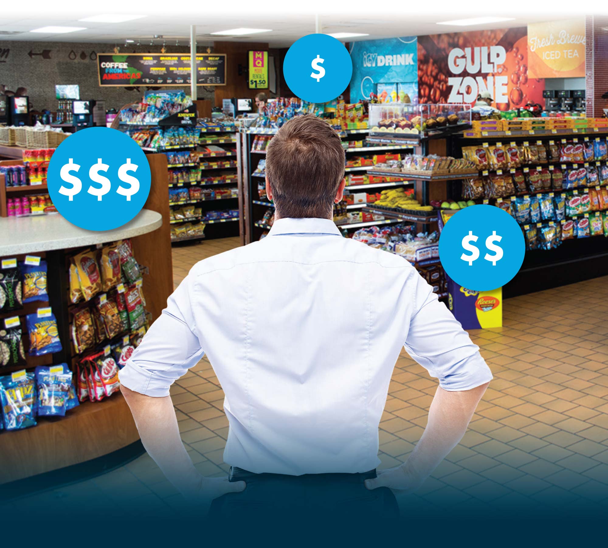 Convenience store owner looking at his store for all the point of purchase, marketing opportunities.