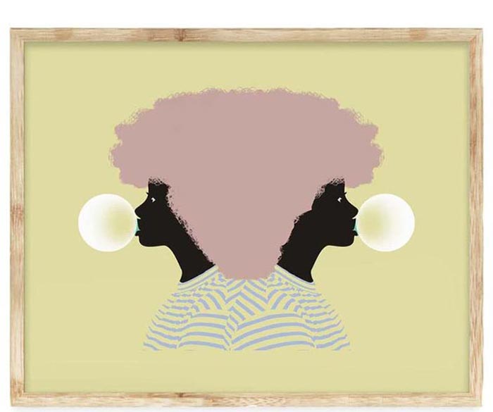 an art print that depicts a girl with a pink afro, blowing a bubble
