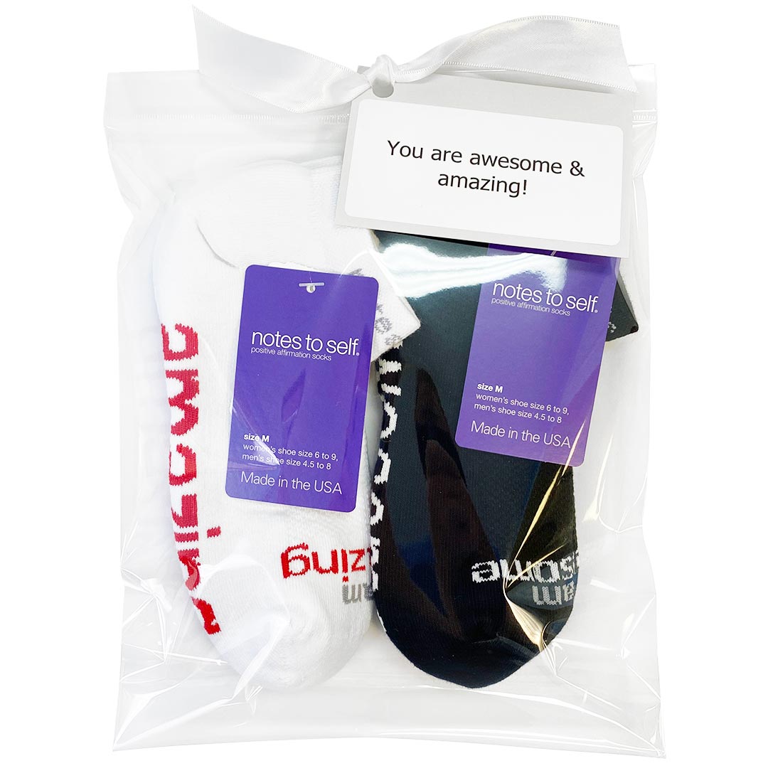 For One Who is Awesome and Amazing, 2 pairs of socks in gift bag - notes to self socks product image