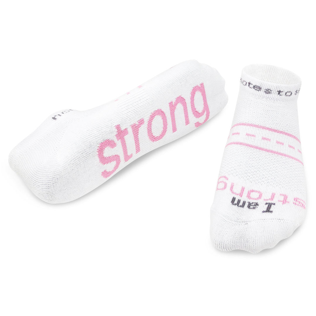 I am strong™ white LITE-NOTES™ socks with pink words