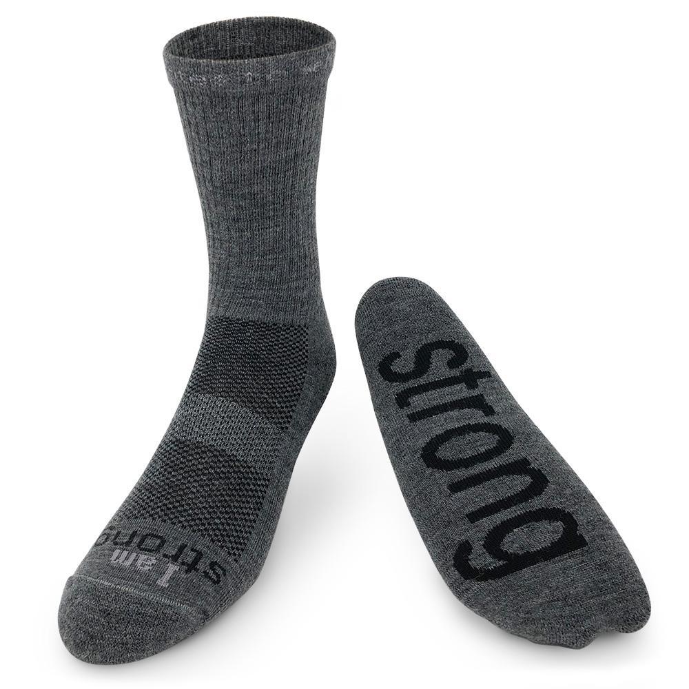 I am strong™ dark grey crew merino wool socks