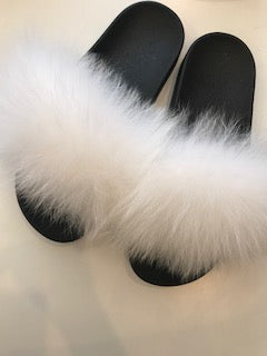From Head to Hose White Fur Slides 