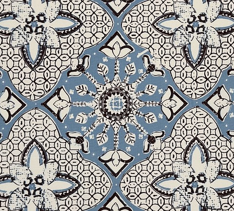 China Seas Fabric: New Batik - Custom Zibby Blue / Brown on Cream Suncloth