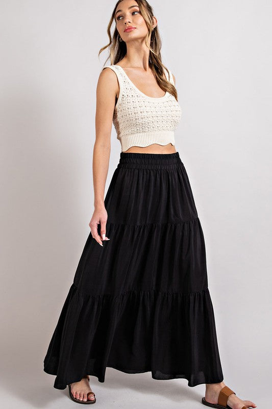 SATIN TIERED MAXI SKIRT - BLACK – The Chandelier Rose Boutique
