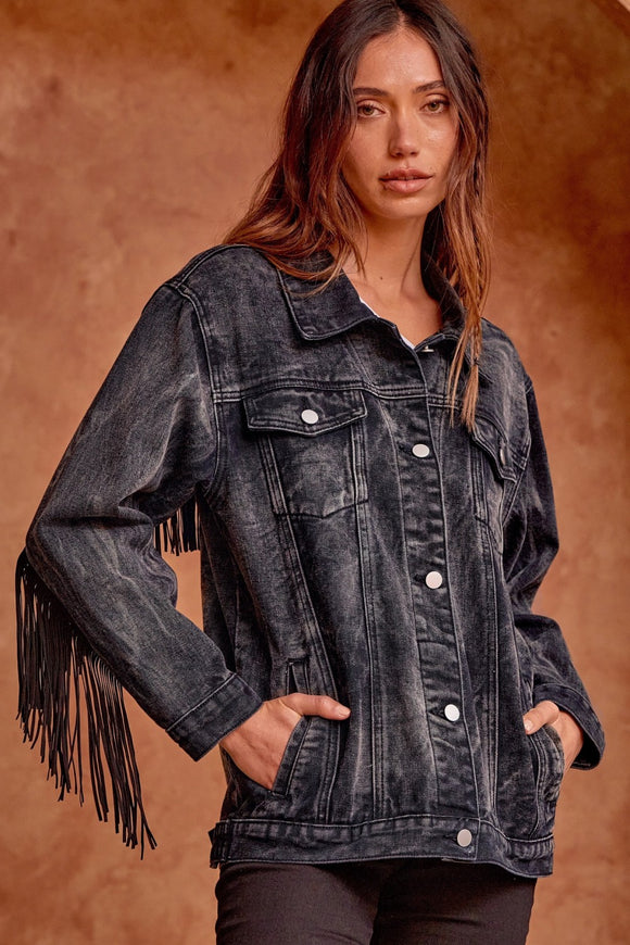 BLACK WASHED DENIM FRINGE JACKET – The Chandelier Rose Boutique