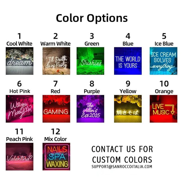 Color options for our custom neon signs - San Rocco Italia