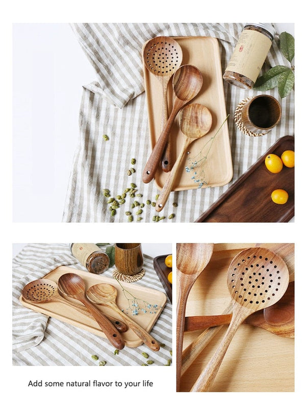 Wooden Cooking Utensils Set - 6 Pcs Natural Teak Wood Spoons And