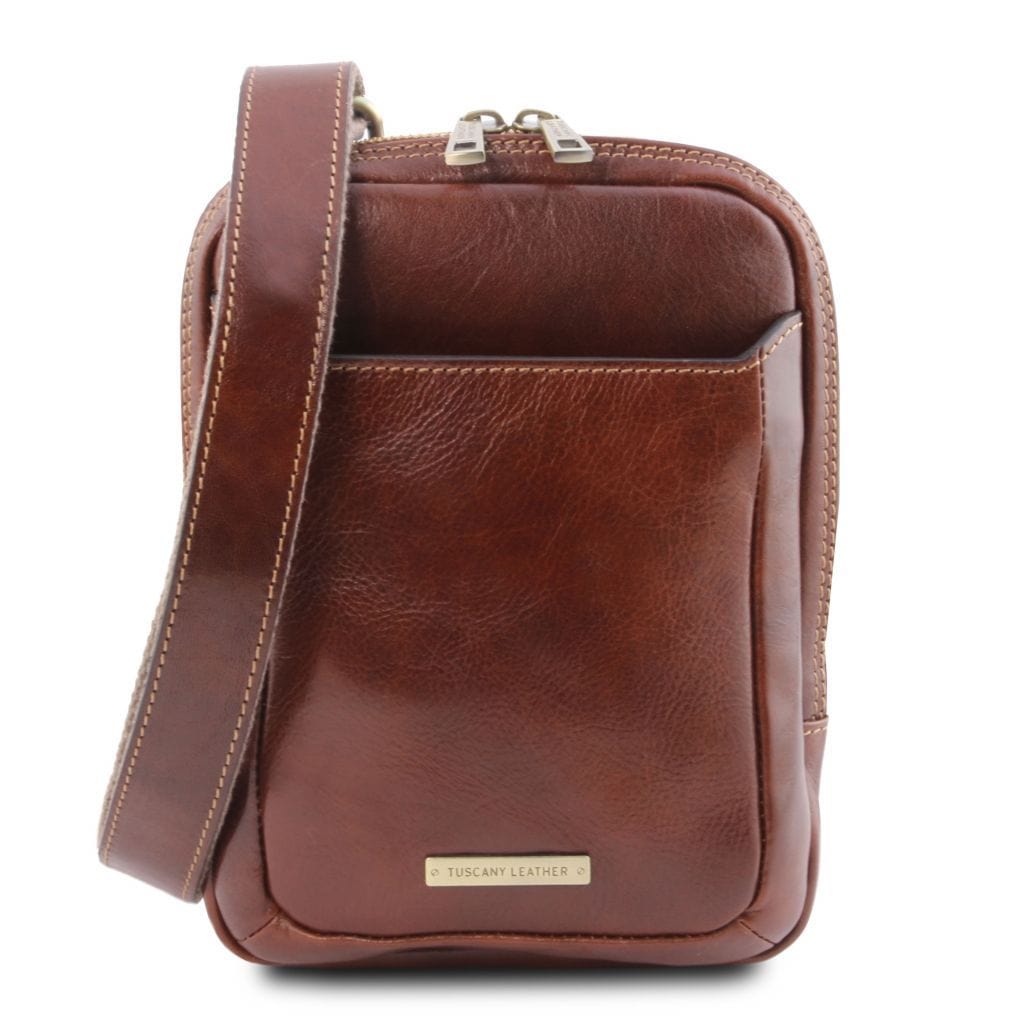 John - Leather Crossbody bag for men With Front zip Brown TL141408