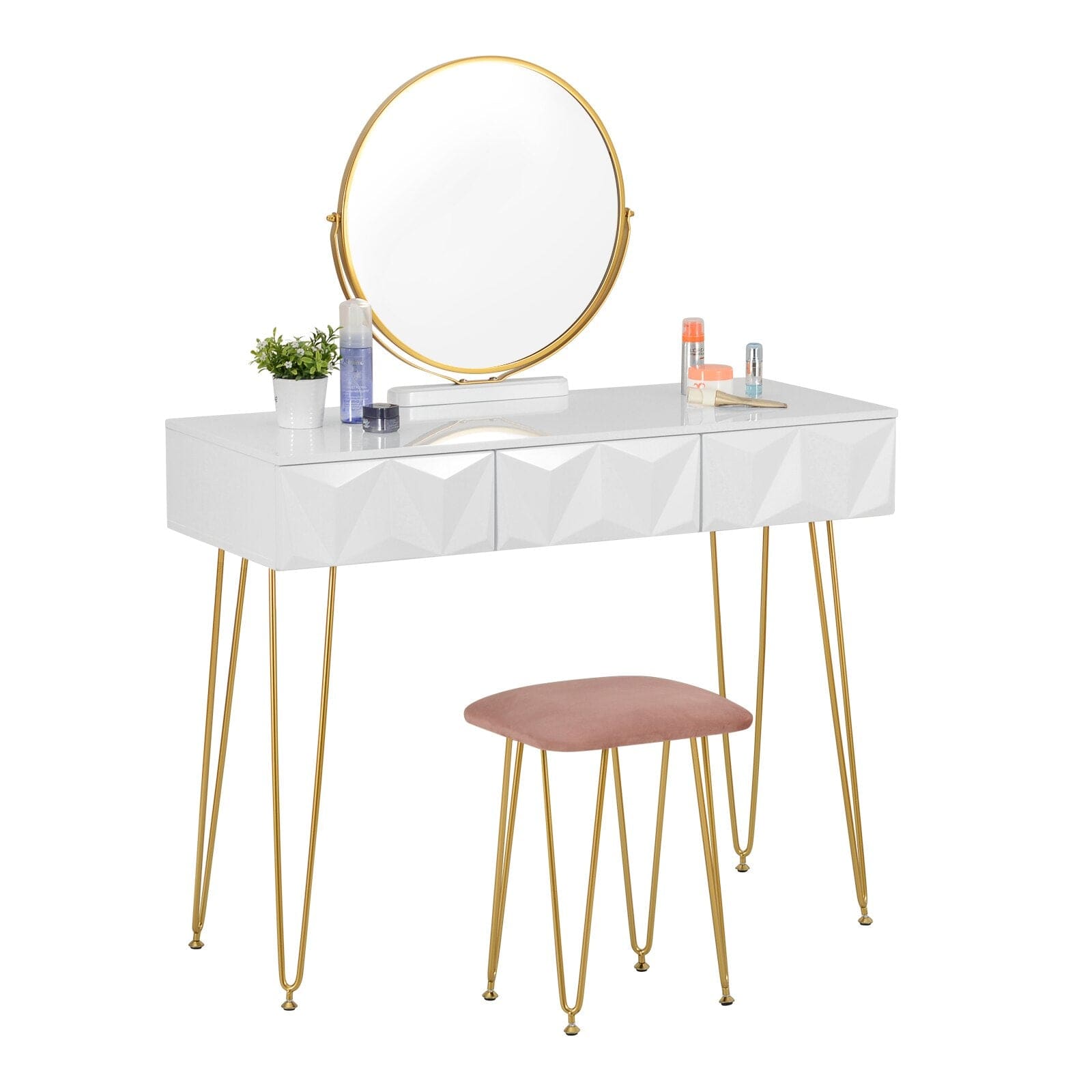 White and Gold Modern Dressing Table with 360° Swivel Mirror and Velve ...