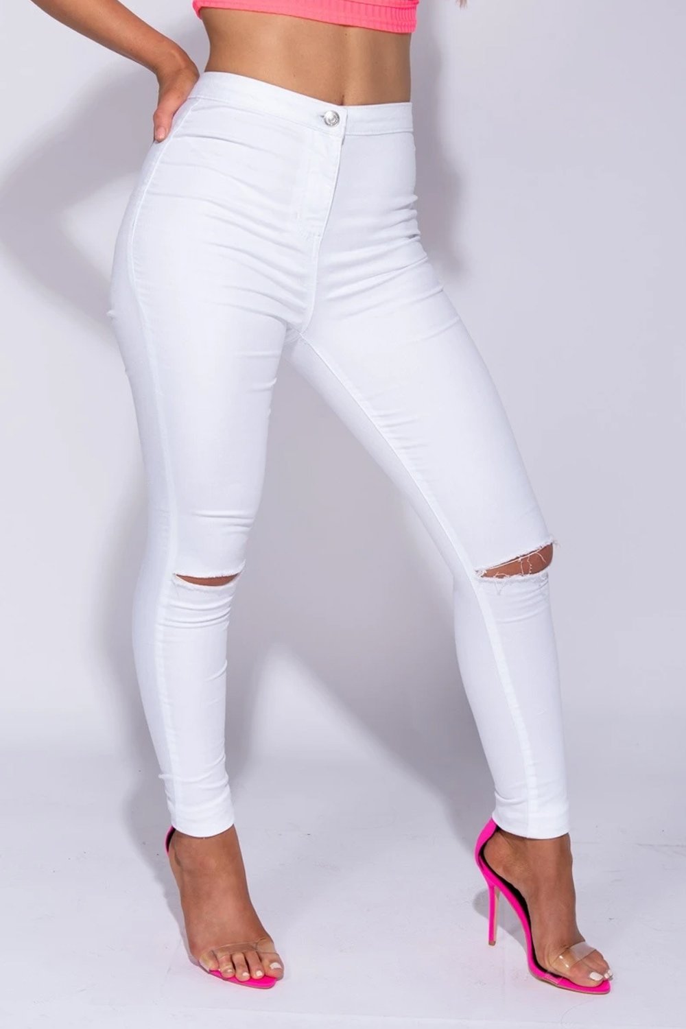 white knee cut jeans