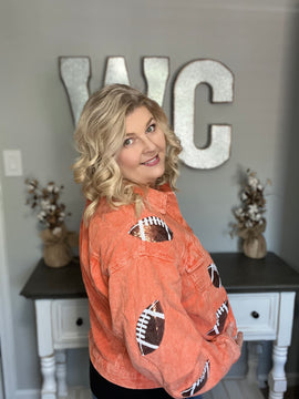 ORANGE CORDUROY SEQUIN FOOTBALL CROPPED JACKET